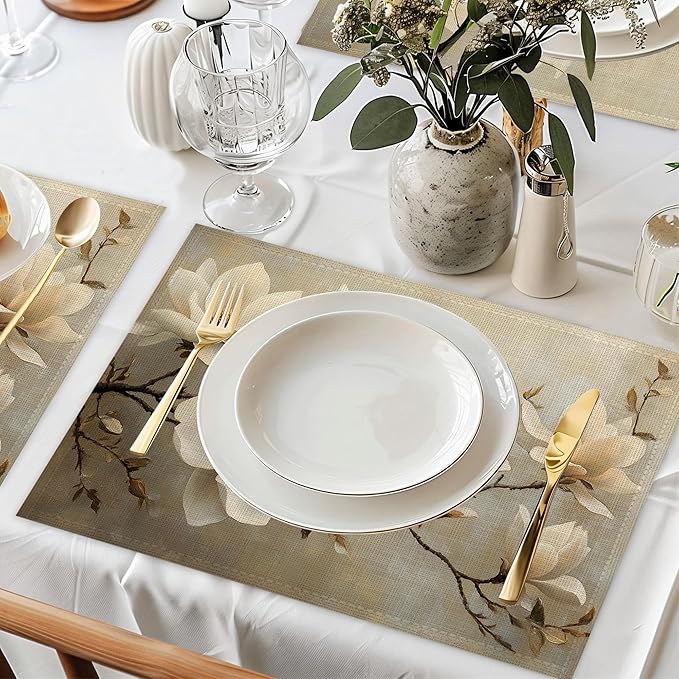 Vintage Magnolia Placemats Set of 6,Waterproof Heat Resistant Dining Table Plate Mat for Home Kitchen Dining Table 12x18Inch