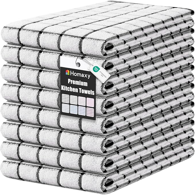 Homaxy Premium Kitchen Towels(16”x 28”, 8 Pack), Large Ring Spun Cotton Dish Towels, Super Absorbent Soft Terry Kitchen Hand Towels, Check Design Tea Towel Set with Hanging Loop, Black