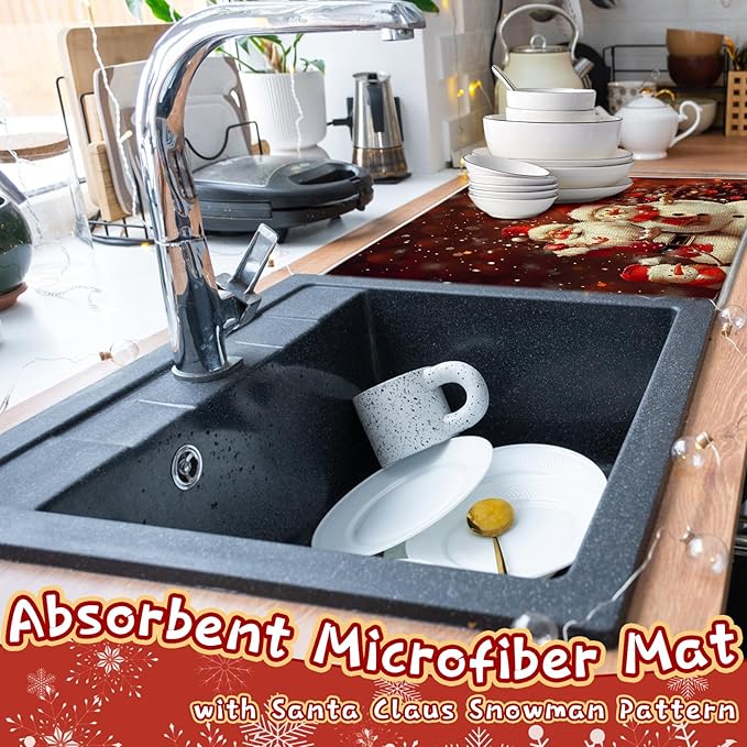 2 Pcs XXL Christmas Dish Drying Mat,Absorbent Microfiber Mats with Santa Claus Snowman Pattern,Large 24 x 17" Dishes Drainer Pad for Xmas Decoration,Winter Festival,Kitchen Counter,Coffee Countertops