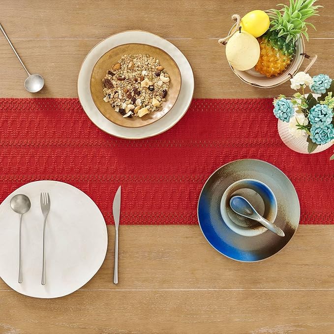 ZeeMart Macrame Style Boho Table Runner, Red Table Runners 60 Inches Long, Farmhouse Woven Home Decor, 12x60 Inch, Red