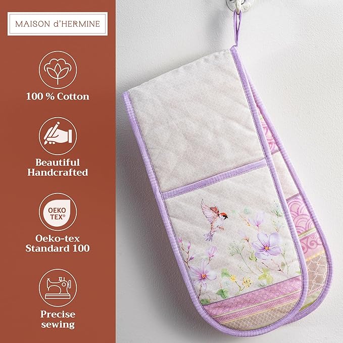 Maison d' Hermine Double Oven Mitts 100% Cotton 7"x35" Double Oven Mitt Heat Resistant BBQ Cooking Gloves with Loop Baking Grilling Gifts for Mothers Day Spring Summer (Magnolia Mornings)
