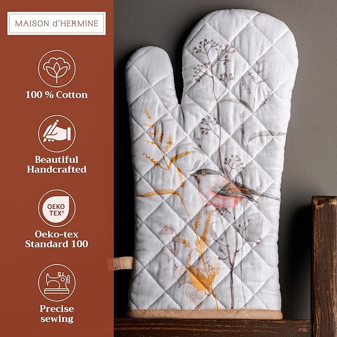 Maison d'Hermine Oven Gloves 100% Cotton Oven Mitt 7" x 13" with Loop Heat Resistant BBQ Cooking Gloves Baking Grilling Gifts for Mothers Day Spring/Summer (Pack of 1, Meadow Florals - Beige)