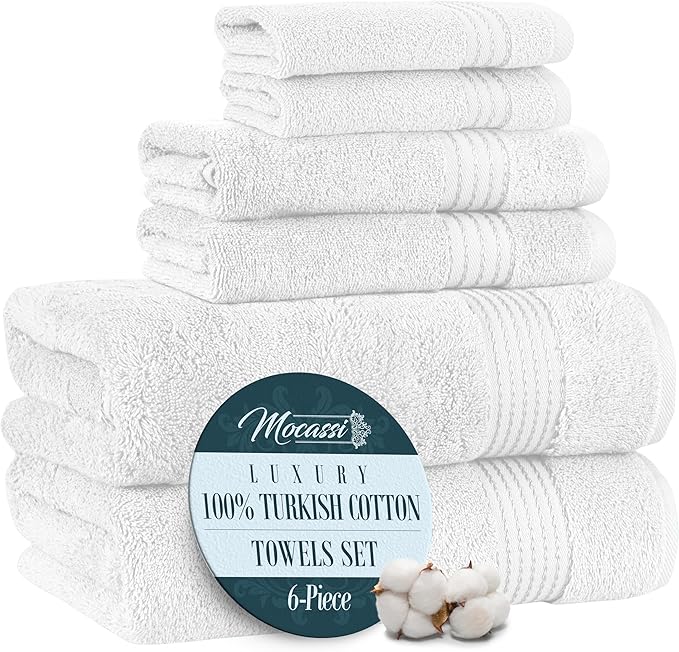 Mocassi Luxury 100% Turkish Cotton 6-Piece Towel Set - Ultra Soft, Quick Dry Highly Absorbent Premium Spa Hotel Quality Bath Towels, Includes 2 Bath Towels, 2 Hand Towels and 2 Washcloths, White