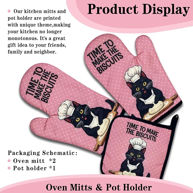 Funny Black Cat Oven Mitts and Pot Holders Set of 3, Time to Make The Biscuits, Heat Resistant Non-Slip Kitchen Mitts Hot Pads, Baking Gifts for Women, Kitchen Gifts for Hostess Bake Lovers