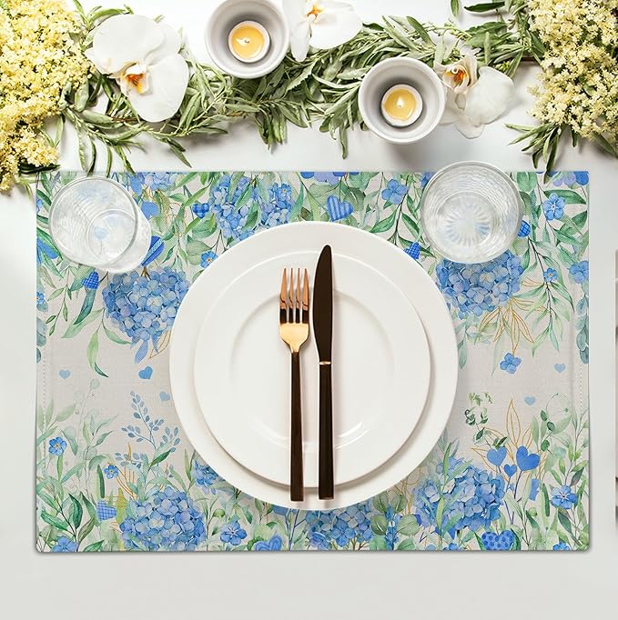 Hydrangea Spring Summer Placemats Set of 4 Sage Green Eucalyptus Leaves Blue Floral Butterfly Placemat 12x18 Inch Seasonal Holiday Table Place Mats for Farmhouse Kitchen Dining Decor