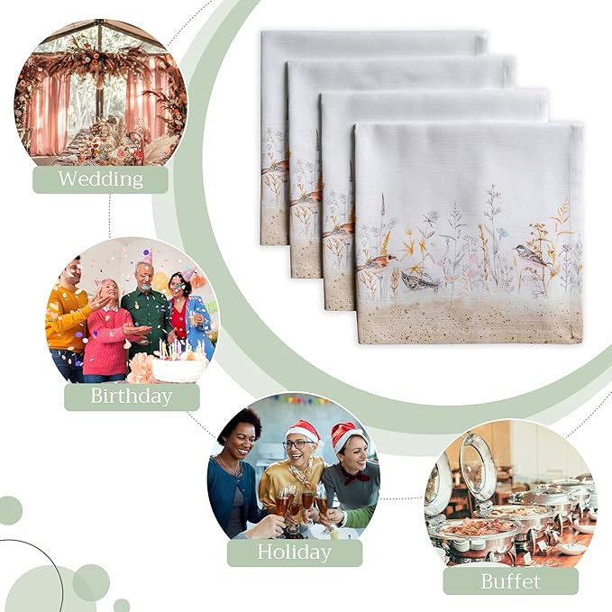 Maison d' Hermine Cloth Napkins Set of 4 100% Cotton Everyday Reusable Square Napkins Cloth Washable Dinner Wedding Gifts for Mothers Day Spring/Summer (Meadow Florals - Beige, 20" x 20")