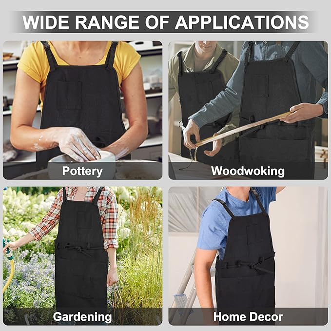 MyLifeUNIT Artist Apron, Adjustable Painting Apron with 10 Pockets for Arts and Craft, Black Canvas Pottery Apron for Women Men (Shoulder Straps Apron)