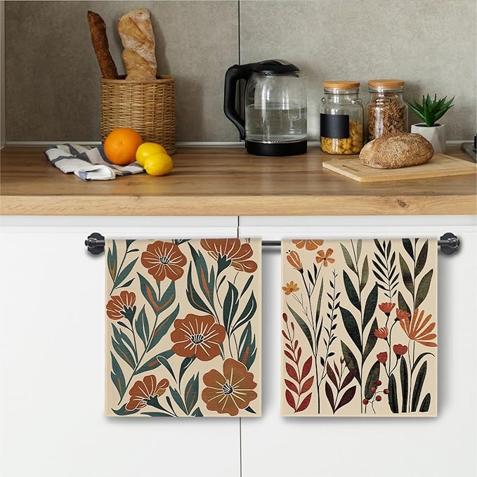 Vintage Boho Floral Kitchen Towels, Abstract Wildflower Botanical Dish Towels Drying Cloth for Kitchen, Mid Century Modern Boho Hand Towels for Bathroom, 16x24 Inch Set of 2