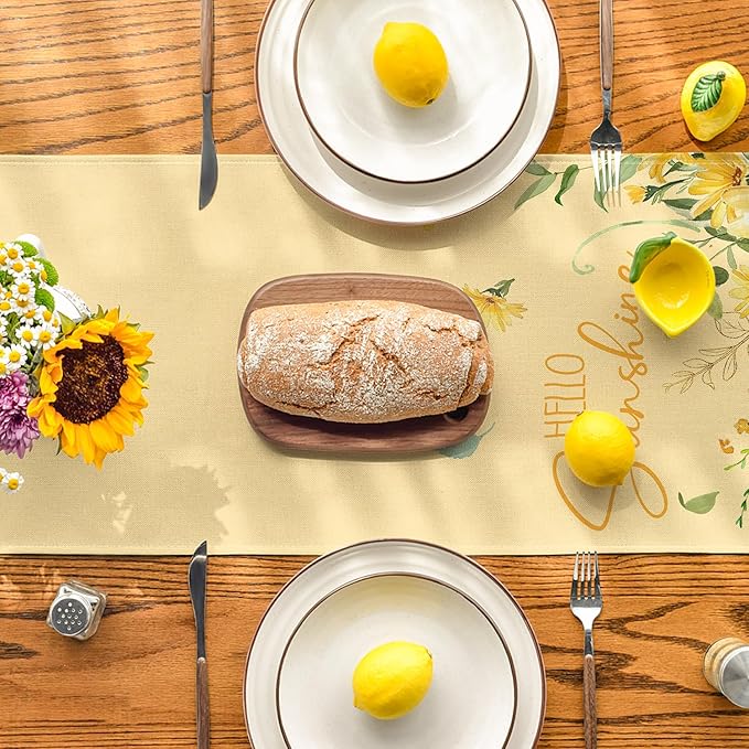 Artoid Mode Yellow Hello Sunshine Sunflower Eucalyptus Summer Table Runner, Seasonal Spring Kitchen Dining Table Decoration for Home Party Decor 13x72 Inch
