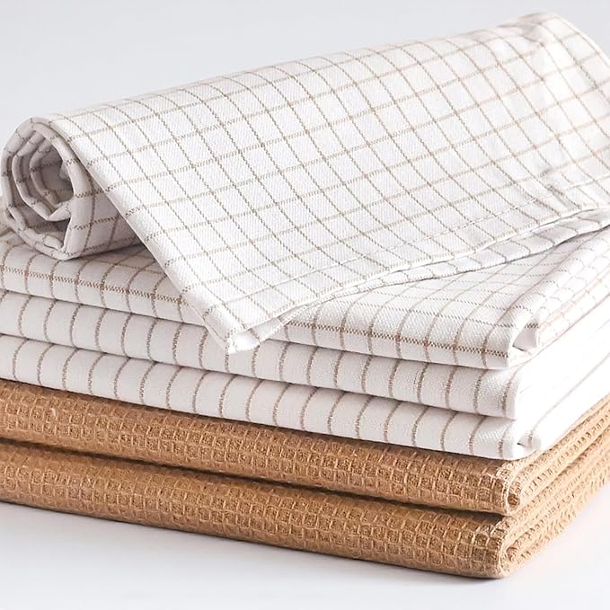 Highly Absorbent Cotton Kitchen Towels for Drying Dishes - Set of 6 Dish Towels - Narrow Beige Stripes Plaid Waffle Dishtowels - 18"X28" Large Lint Free Linen Tea Hand Bulk T Towls