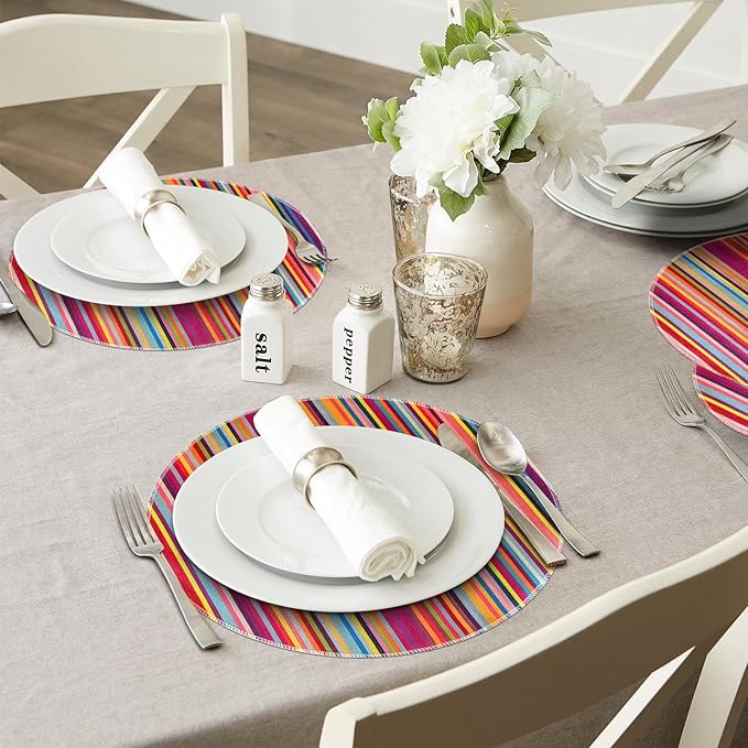 Niviy Bright Colorful Striped Round Placemats Set of 4, 15 Inch Mexican Rainbow Colored Geometric Pattern Table Mats for Holiday Party Kitchen Dining Room Decoration