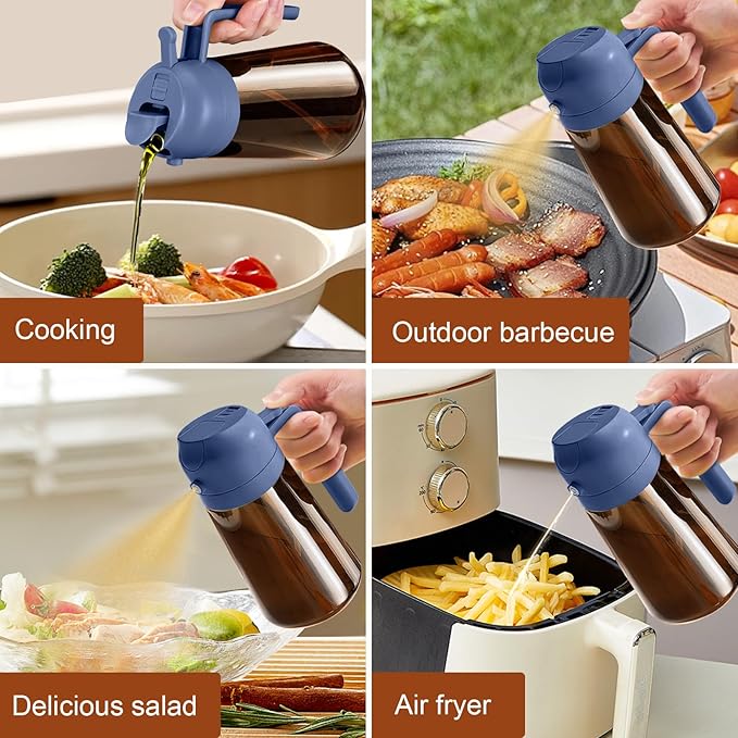YARRAMATE 2Pcs 16oz/470ml Dark Brown Oil Sprayer for Cooking with Stickers, Food-grade Premium 2 in 1 Olive Oil Dispenser Bottle for Kitchen Gadgets, Air Fryer, Salad, Frying, BBQ (Black&Navy)