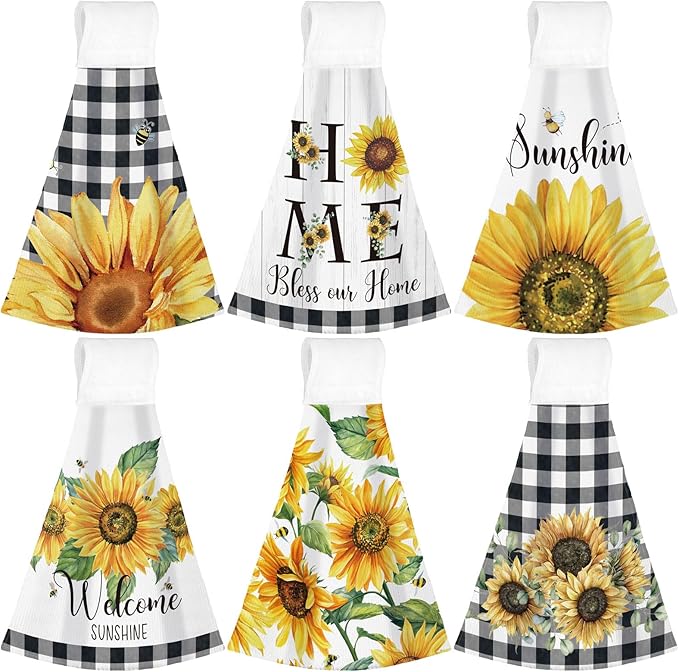 Tegeme 6 Pcs Hanging Kitchen Towels with Loop, Absorbent Hand Tie Towels Microfiber Decorative Fast Drying Kitchen Hanging Towel for Home Bathroom(Sunflower)