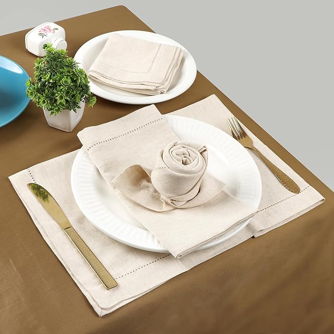 FINGERCRAFT Cloth Napkins, Hemstitch Napkins Cloth, Everyday Use, Premium Quality Cotton Linen Blend Perfect for Parties Dinners Weddings Cocktail Christmas Easter Set of 12, 20 inch Ivory