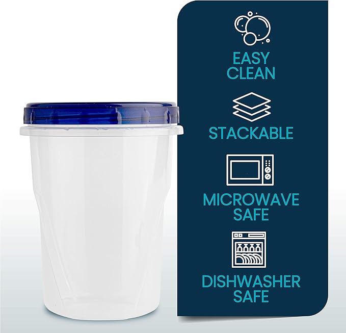 PLASTICPRO Food Storage Freezer Deli Containers Clear bottom With blue Top Twist on Lids Reusable, Stackable,[32 oz 6 Pack]