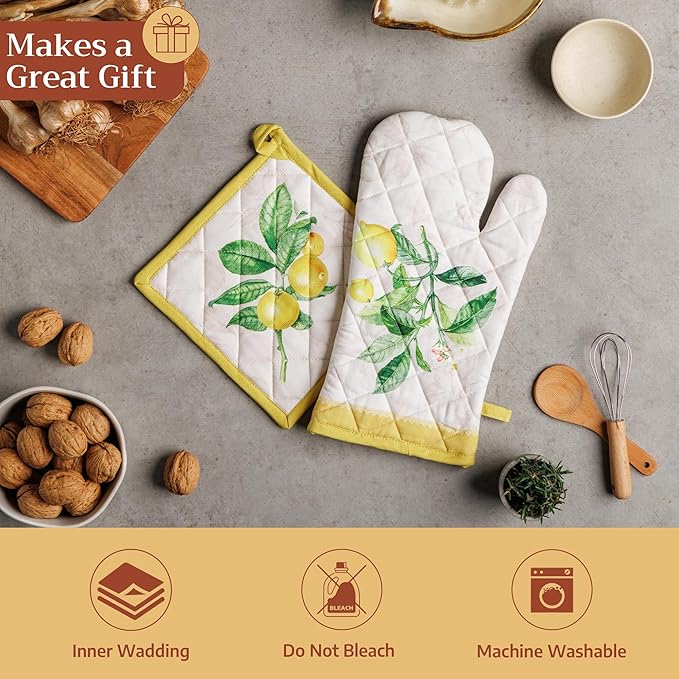 Maison d' Hermine 100% Cotton Oven Mitt & Pot Holder Set (7.5"x13" & 8"x8") Heat Resistant BBQ Cooking Gloves with Loop Baking Grilling Kitchen Gifts for Mothers Day Spring/Summer (Limoncello)