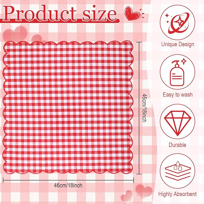 SmoothNovelty 12 Pack Buffalo Plaid Cloth Napkins 18x18 Inch Spring Checkered Cloth Napkins Scalloped Soft Cotton Table Mat Washable Reusable for Dinner Wedding Birthday Parties (Classic,Red)