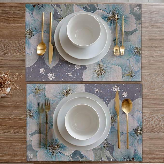 HOMETITUTE Placemats Set of 4 12x18 inch Blue Floral Table Mats for Dining Table Linen Placemats Farmhouse Decorations Kitchen Decor Desk Mat for Outdoor Home Party Kitchen Seasonal Dining