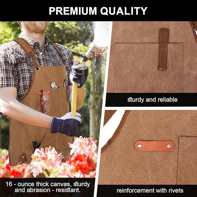 Men's Canvas Tool Apron, Heavy Duty Multi-Pocket Work Apron for Woodworking Gardening Bartender Adjustable Straps