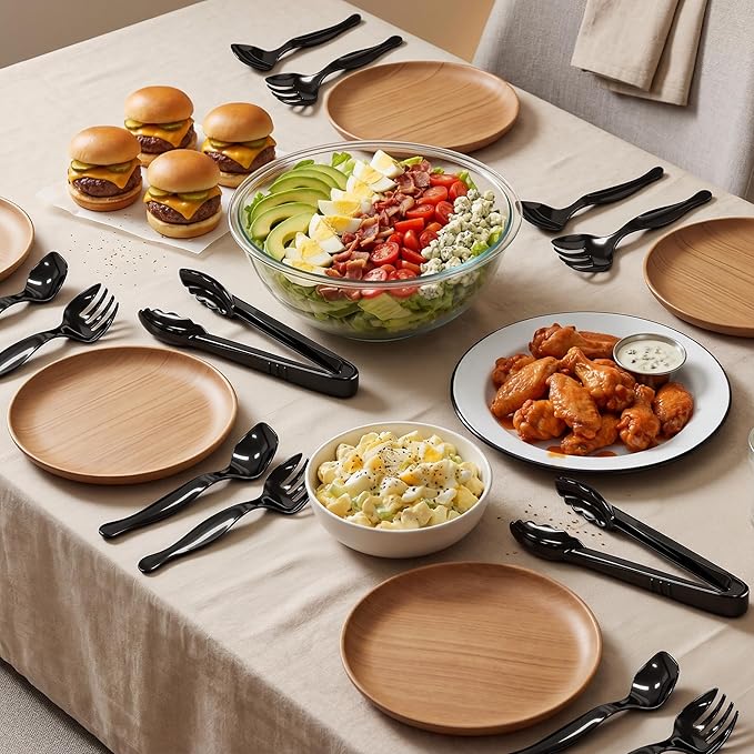 36Pcs Disposable Plastic Serving Utensils Set, 12 Black Spoons, 12 Forks, 12 Tongs, 9-Inch for Party Buffet Catering Events, Heavy Duty and Ergonomic Design (Black)