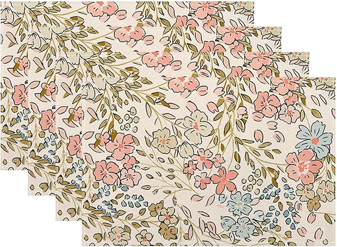Pink Green Floral Placemats 12x18 Inch Set of 4, Cute Flower Pattern Table Place Mat Wildflowers Watercolor Washable Table Mats Decorative Linen Fabric Table Mat for Dining Table