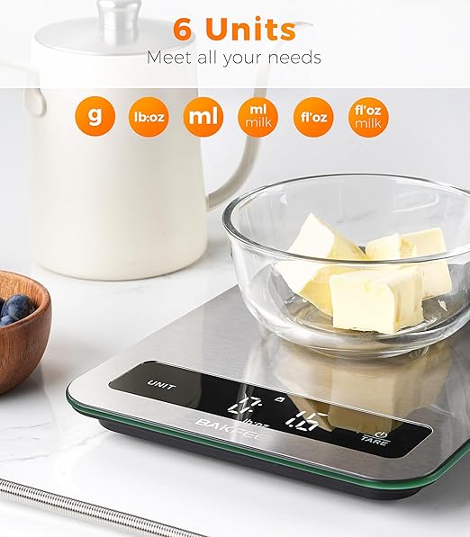 100% Waterproof Food Scale, IP67 Digital Kitchen Scale, Rechargeable (USB-C), 1g/0.1oz Precision, 22lb Capacity, Stainless Steel & Tempered Glass, Large Wide-View Display, Tare, 6 Units, Grey