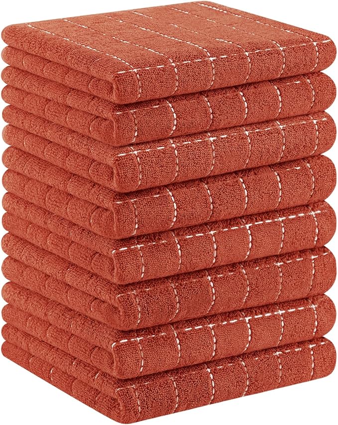Homaxy 100% Cotton Terry Kitchen Towels(Rust, 13 x 28 inches), Checkered Designed, Soft and Super Absorbent Dish Towels, 8 Pack