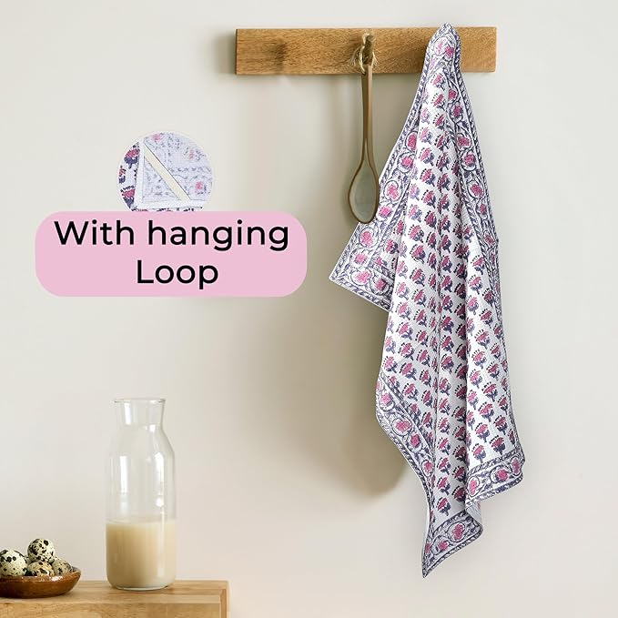 CPC Pink Sapphire Hand Block Print Waffle Kitchen Towel Set of 3-16 x28 Ultra Absorbent Quick Dry Microfiber Dish Towels Lightweight Reusable Sustainable Tea Towels for Cleaning and Drying