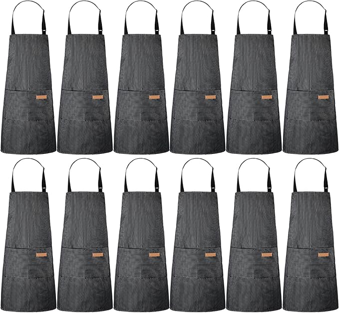 Handepo 12 Pcs Cotton Aprons for Women Men with Pockets Soft Adjustable Bib Stripe Aprons for Cooking Kitchen Chef