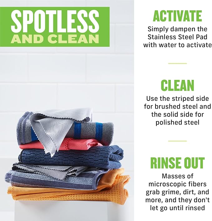 E-Cloth Stainless Steel Microfiber Cleaning Cloth Kit - Stainless Steel Cleaner for Appliances, Oven, Stove, & More - Microfiber Towels for Cars - Reusable Cloths for Cleaning