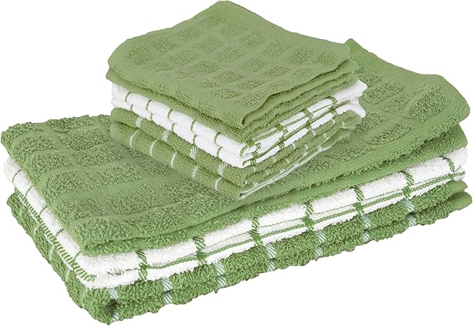 Ritz Premium 3-Pack Kitchen Towel & 6-Pack Dish Cloth Set - Highly Absorbent, Super Soft, Long-Lasting, 100% Cotton Terry Drying Cleaning Cloths, Cactus Green