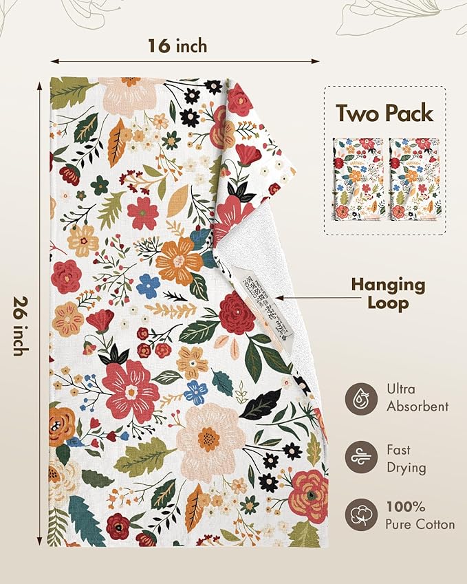Miss Adola Cotton Kitchen Towels Set of 2 - Cute Design 16×26 Inch Dish Towels for Kitchen with Hanging Loop Beige Flower Quick Dry Hand Towels Soft & Absorbent, Decorative Terry Cloth Tea Towels