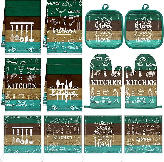 12 Pcs Farmhouse Kitchen Decor Sets 4 Teal Green Kitchen Towels 4 Teal Absorbent Dishcloths 2 Rustic Pot Holders 2 Oven Mitts Gloves for Home Decorations Mom Gifts
