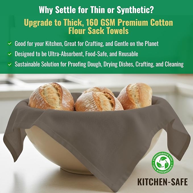 Flour Sack Towels 100% Cotton Dish Towel Reusable Baking Cloth for Bread Dough, Baguettes, Ciabatta, Machine Washable, Kitchen Towels for Cleaning – Set of 6 (18"x28") - Charcoal