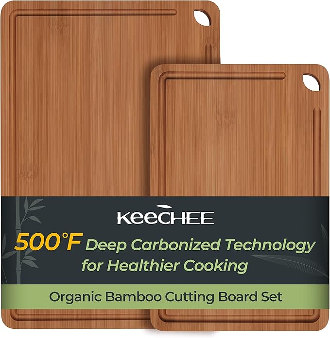 Keechee Butcher Block 2-Pcs Carbonized Bamboo Cutting Board Set With Juice Groove For Meal Prep & Cheese Serving - Ideal Kitchen Gift Set of 2 (M+L)