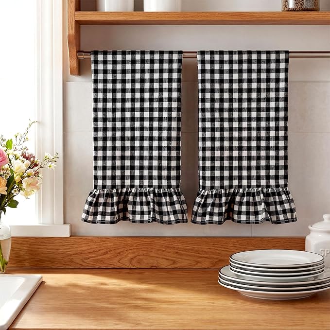 HunnmingRe Matte Black Kitchen Towels Set of 2, 100% Cotton Ruffled Gingham Dish Towels 18"x28" Absorbent Tea Cloths Classic Plaid Pattern for Farmhouse Charm, Drying Dishes, Entertaining Guests