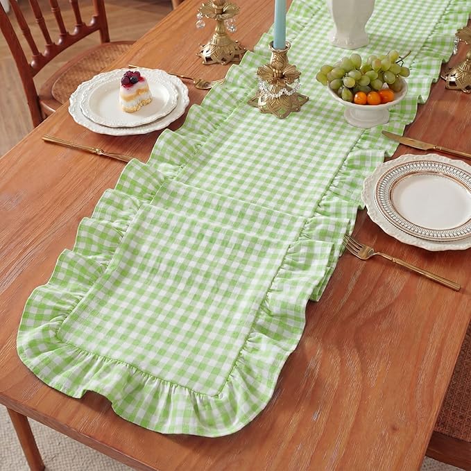 HunnmingRe 1 Pcs Light Green Plaid Gingham Ruffle Table Runner 118 x 13.8'' Farmhouse Easter Table Runner 100% Cotton Scalloped Long Dresser Scarves for Dining Room, Wedding, Kitchen Rustic Home Decor