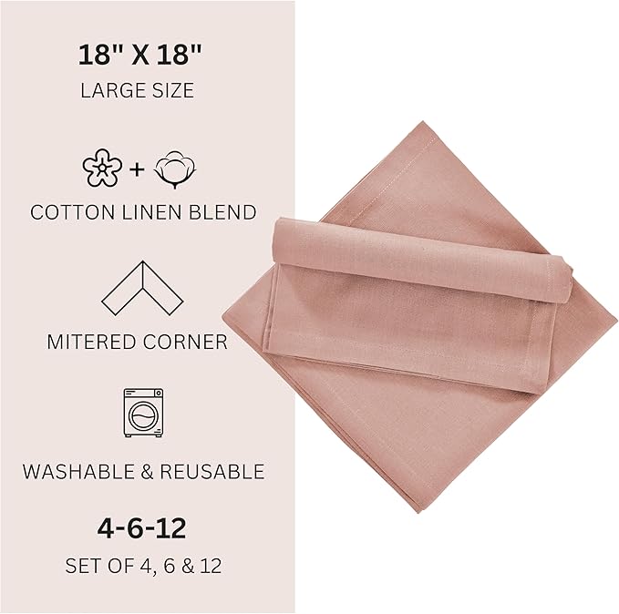 FINGERCRAFT Dinner Cloth Napkins, Cotton Linen Blend Mitered Corner Napkins Cloth 4 Pack Natural Premium Quality for Every Day Use, Parties, Easter, Thanksgiving, Weddings, 18x18 inch Shell Peach