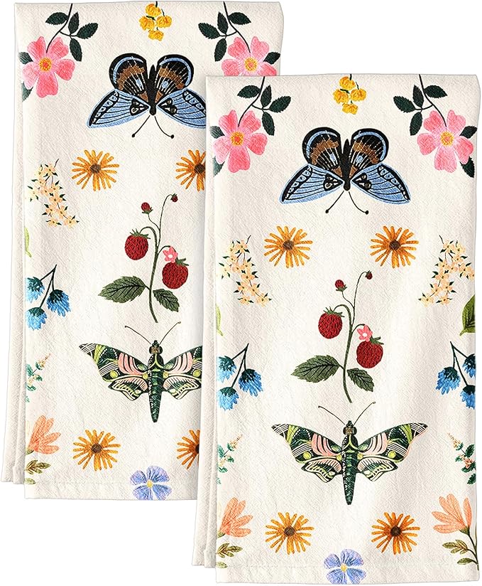 Miss Adola Flour Sack Kitchen Towels Set of 2-18x26 Cotton Dish Towels with Hanging Loop Reusable Tea Towel for Cleaning Spring Absorbent Dishcloths Cute Home Decor Housewarming, Butterfly Garden