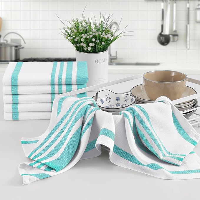 Homaxy Premium Kitchen Towels 18”x 28”, Large Cotton 380 GSM Kitchen Hand Towels, Stripe and Terry Dish Towel, Highly Absorbent Tea Towel Set with Hanging Loop, 8 Pack, Teal