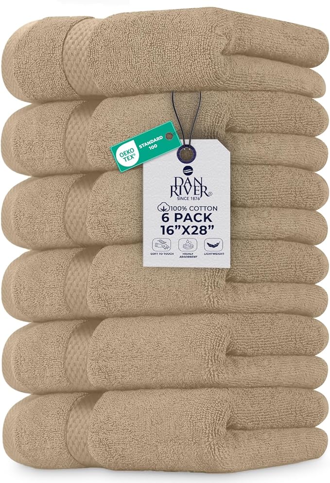 DAN RIVER 6-Pack Premium Hand Towels (16x28 Inches) - 100% Cotton, Ultra Soft, Lightweight, Highly Absorbent Towels for Bathroom, Spa, Gym, Salon, Hotel, and Travel - Tan
