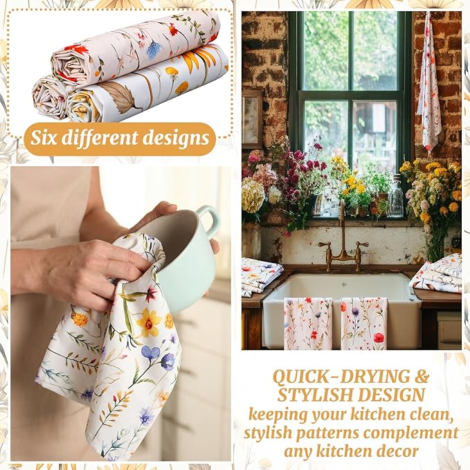 HunnmingRe Wildflower Floral Flour Sack Towels - Set of 6 Spring Flour Kitchen Towels Large 28 x 27 Inch Reusable Versatile Cotton Cloths Bathroom Decor Housewarming Gift, Vintage Flower(Vintage)