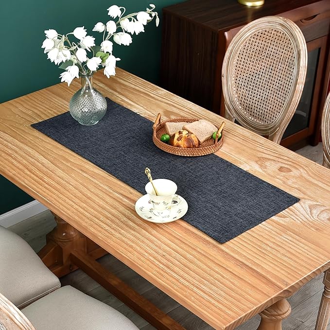 Farmhouse Rustic Faux Linen Table Runner Neutral Charcoal Table Runners Double Layer Reversible Rectangle Runners for Daily Use Kitchen Dining Banquet Holiday 13x36 Inch