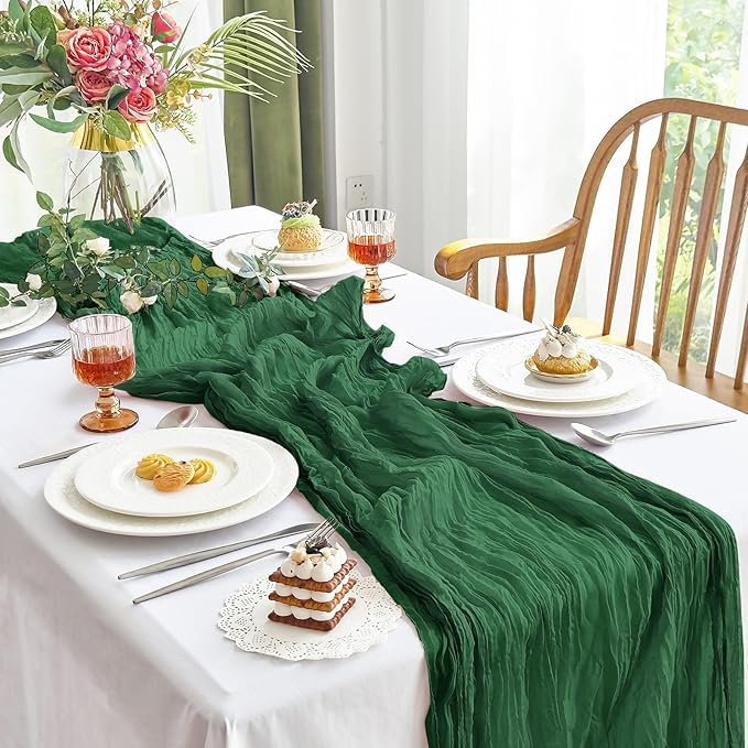 IVAPUPU 4 Pcs Cheesecloth Table Runner - 10ft Emerald Green Boho Gauze Cheese Cloth Table Runners for Baby Shower Decorations Wedding Party Summer Garden Decor
