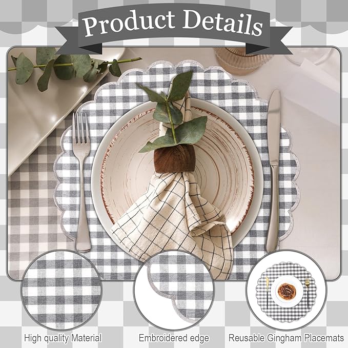 Set of 6 Round Placemats 15 Inch Cotton Scalloped Embroidery Placemat Washable Double Layered Rustic Dinner Table Mat Decor Fabric for Hotel Restaurant Kitchen(Grey,Plaid)