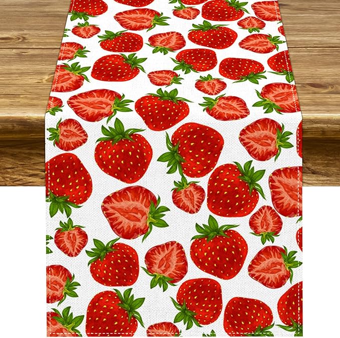 Pudodo Strawberry Table Runner Spring Summer Fruit Strawberry Themed Birthday Baby Shower Party Kitchen Dining Home Decoration (13" x 90")