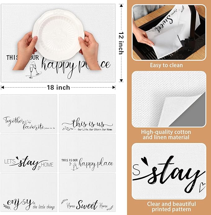 Farmhouse Placemats Set of 6 Linen Placemats 18x12'' Rustic Table Mats with Sayings Housewarming Gifts Country Tablemats Washable Cloth Place Mats for Farmhouse Table Setting(White)