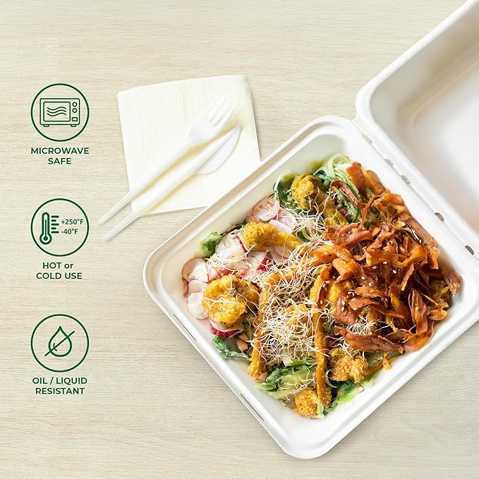 Freshware Clamshell Food Containers with Lids [9x9" 100-Pack] Disposable To Go Containers, Biodegradable Sugarcane To Go Boxes - Paper Food Container - Microwave & Freezer Safe, Stackable