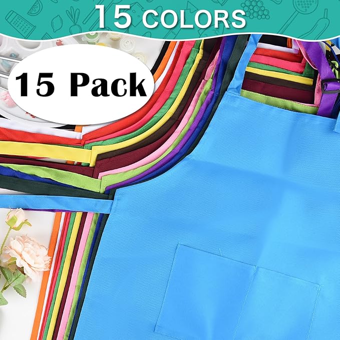 PLULON 18 Pcs Kids Aprons with 2 Pockets Painting Aprons for Kids Aprons Bulk, Paint Apron Adjustable Children Chef Aprons for Girls Boys Painting Baking Cooking Crafting - Multicolor