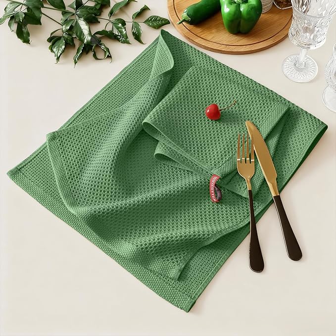 Kitinjoy 100% Cotton Kitchen Towels and Dishcloths Set, 12 Pack-13" x 28" and 12" x 12" Waffle Weave Dish Towels, Ultra Soft Absorbent Quick Drying Dish Rags, Grass Green